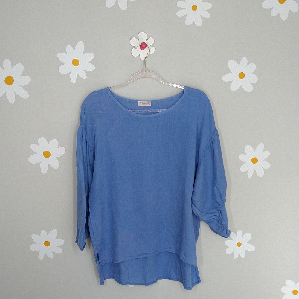 Bella Umbra Made In Italy Blue 100% Linen Balloon 3/4 Sleeve Flowy Blouse